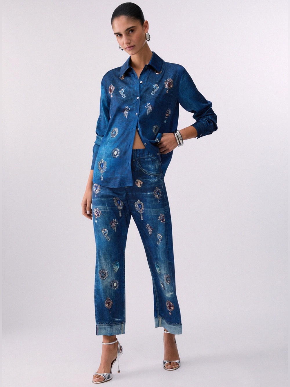 Liu Jo Digital Print Denim Effect Jewel Pattern Shirt Blouse - Size 38
